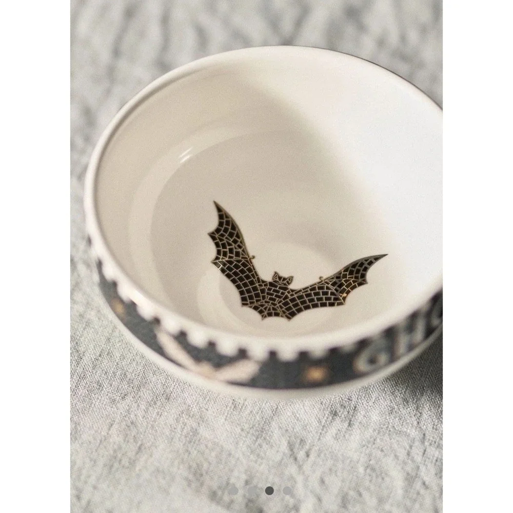 Anthropologie Bistro Tile Nut Bowl Set 2 Halloween Witch Cat & Bat Dessert Black